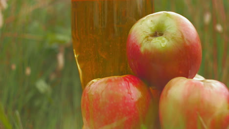 Luscious-ripe-apples-site-in-front-of-refreshing-cider-pint-glass-in-field,-close-up