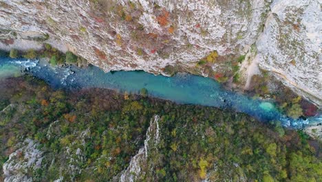 Overhead-Shot-Of-Turquoise-Una-River-In-Ostrovica,-Bosnia-and-Herzegovina