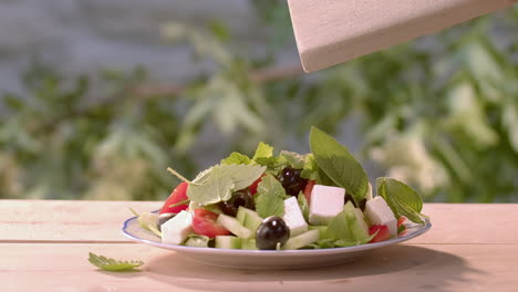 Pushing-mint-leaves-onto-salad-plate-with-knife,-close-up