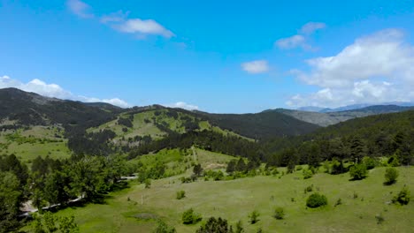 Paradise-landscape-with-green-meadows-and-pine-trees-forest-on-mountains-in-a-spring-day-with-cloudy-sky