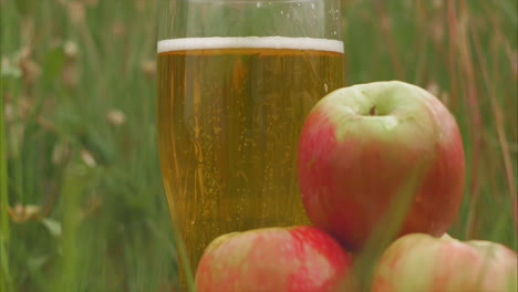 Bubbles-rise-in-cider-glass-next-to-luscious-apples-in-field,-close-up
