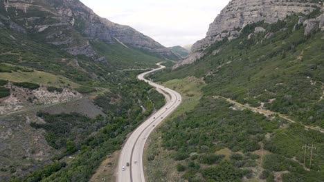 Utah-Mountain-Road-up-Gorgeous-Provo-Canyon-Valley,-Lockdown-Aerial-Drone