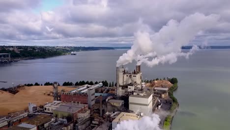 Smoke-Produced-By-The-Smokestacks-Of-A-Paper-Mill-In-Tacoma-Tideflats,-Washington---aerial-drone