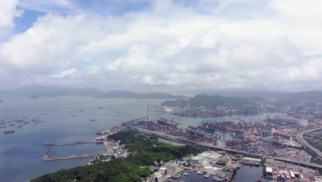 General-view-of-Hong-Kong-port-area,-High-altitude-Aerial-footage
