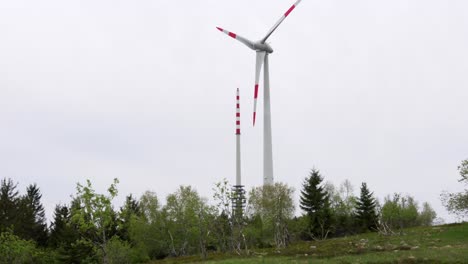 Trees-in-front-of-spinning-windmill-and-radio-tower-in-background