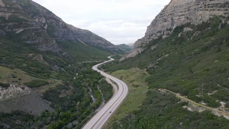 Provo-Canyon-scenic-drive-on-US-189-highway-through-Utah-mountainside,-aerial-view