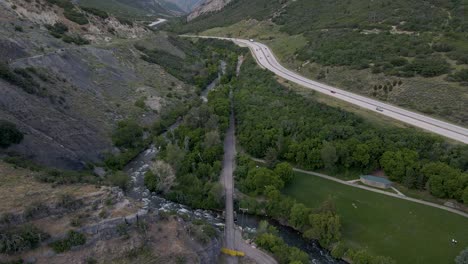 US-189-highway-in-Provo-Canyon-beside-Provo-River,-Utah,-aerial-view