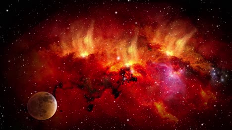 Flying-through-space-and-red-nebula-while-the-galaxy-and-stars-are-moving-towards-the-viewer-in-outerspace