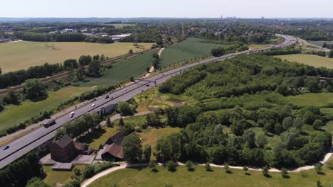 Drone-Aerial-View-of-Autobahn-A40-Just-Outside-of-Essen-City,-Germany