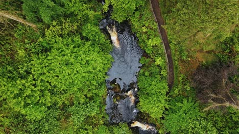 Aerial-view-of-waterfall---river-at-Glenariff-Forest-Park,-Northern-Ireland---4K