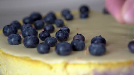 Male-hand-sprinkling-colorful-sprinkles-on-top-of-blueberry-cheesecake