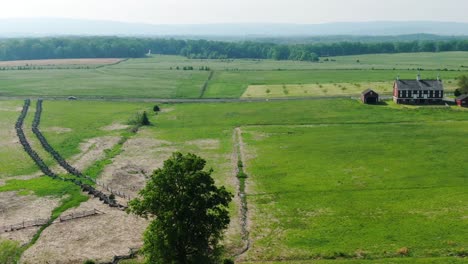Panorama-Aéreo-Del-Campo-De-Batalla-De-La-Guerra-Civil-De-Gettysburg-En-Una-Brumosa-Tarde-De-Verano,-Cerca-De-Riel-Dividido