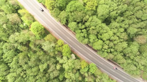 High-Angle-Static-Aerial-View-of-Car-Traffic-on-Road-Between-Green-Forest-Fields