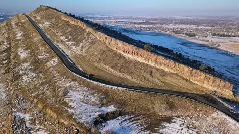 Drone-Descending-On-The-Road-At-The-Horsetooth-Reservoir-In-Colorado,-USA