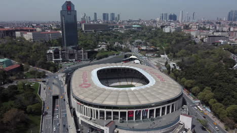 Drone-shot-of-Vodafone-Park-in-Besiktas,-Istanbul---drone-is-orbiting-around-the-stadium