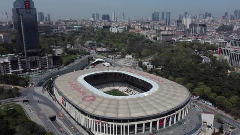 Drone-shot-of-Vodafone-Park-in-Besiktas,-Istanbul---drone-is-circling-around-the-stadium