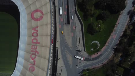 Drone-shot-of-Vodafone-Park-in-Besiktas---drone-is-hovering-over-the-stadium-and-a-nearby-road