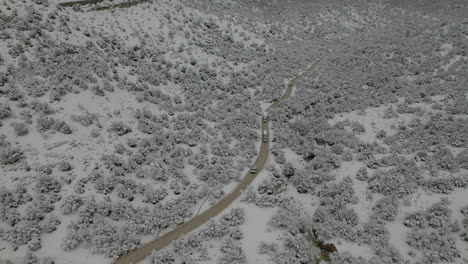 Vehículos-Circulando-Por-La-Carretera-A-Lo-Largo-De-Las-Montañas-Y-árboles-Cubiertos-De-Nieve-En-Utah