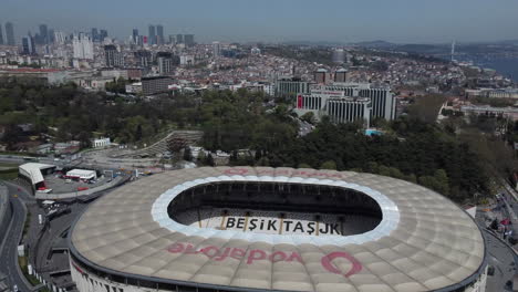 Drone-shot-of-Vodafone-Park-in-Besiktas---drone-is-flying-over-the-stadium,-facing-the-Bosporus