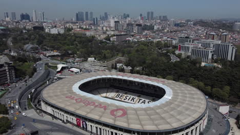 Drone-shot-of-Vodafone-Park-in-Besiktas,-Istanbul---drone-is-flying-around-the-stadium