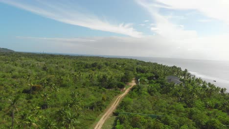 Drone-flying-above-tropical-island-covered-in-palm-trees,-by-the-sea