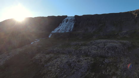 Rising-sun-at-Dynjandi-waterfall,-Iceland