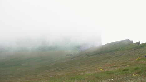 Grasbewachsene-Klippen,-Die-Von-Dichtem-Nebel-Bedeckt-Sind