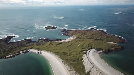 aerial-view-of-an-irish-landscape,-connemara:-sandy-beach,-green-meadows-and-atlantic-ocean
