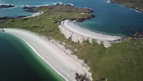 aerial-top-view-of-clifden-beach-in-connemara,-Ireland,-meadows,-sand-and-blue-water