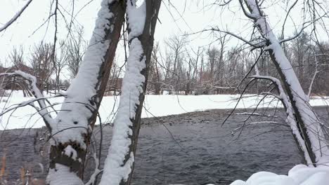 Shot-pushing-towards-an-ice-cold-river-surrounded-by-a-forest-covered-in-snow