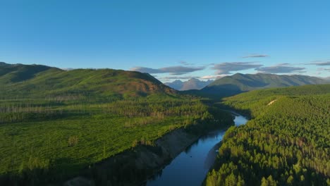 Lebendiger-Grüner-Wald-Am-Flathead-River-An-Einem-Sonnigen-Morgen-In-Der-Nähe-Des-Glacier-National-Park-In-Montana,-USA