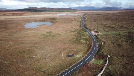aerial-view,-Irish-landscape-in-Connemara:-road,-fir-forest-and-brown-meadows
