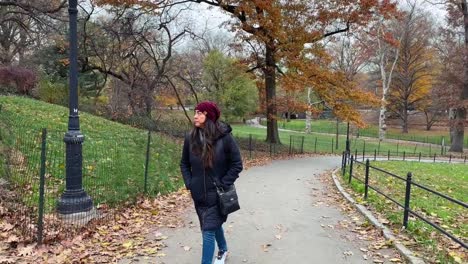 Einsame-Frau-In-Warmer-Kleidung,-Die-An-Kalten-Herbsttagen-Im-New-Yorker-Central-Park-Spazieren-Geht