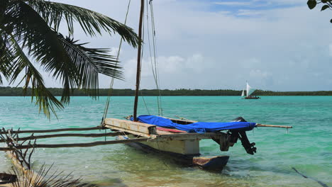A-traditional-sailing-canoe-docked-along-Upi-Bay-on-the-Isle-of-Pines-in-New-Caledonia-on-a-balmy-day