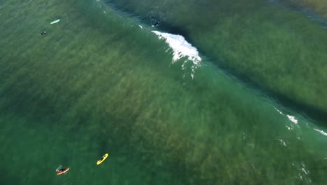 Aerial-view-of-people-practicing-surf-on-the-beach-of-Zarautz