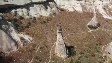 Aerial-view-of-a-characteristic-rock-formation-of-the-Goreme-region-in-Cappadocia,-Turkey