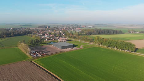 Drone-view-above-Dutch-green,-brown-farmland,-fields-flying-over-a-farm-next-to-a-village-with-blue-horizon