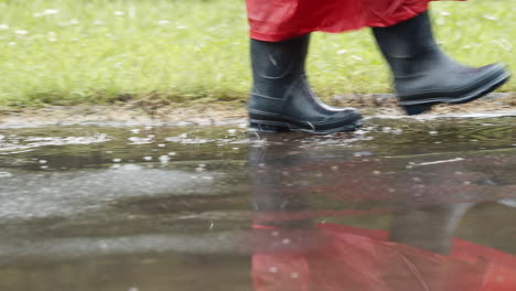 Person-in-wellies-and-red-raincoat-striding-through-puddles