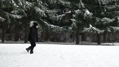 Man-in-black-winter-coat-walking-from-left-to-right-in-a-snowy-winter-forest