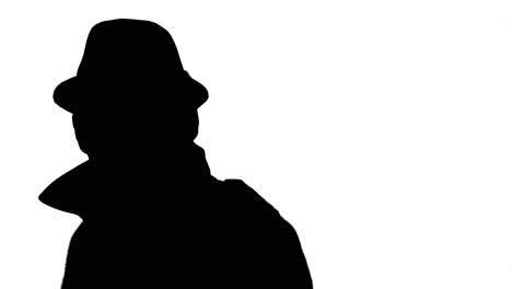Mysteriöser-Mann-Mit-Hut,-Der-Verwirrt-Aussieht,-Schwarze-Silhouette-Auf-Weißem-Hintergrund