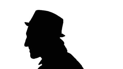 Young-man-puts-on-hat-and-walks-away,-black-silhouette-on-white-background