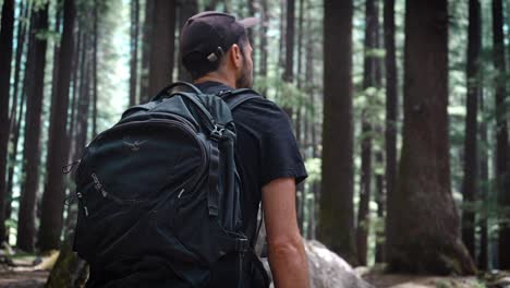 Selective-focus-shot-of-a-young-America-backpacker-walking-in-a-forest