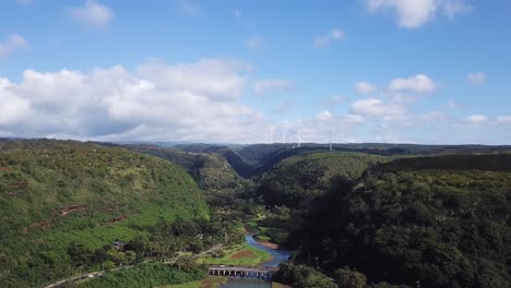 Lush-Tropical-Hawaii-Landscape-of-Waimea-Valley-Canyon-on-Oahu,-Aerial-Drone