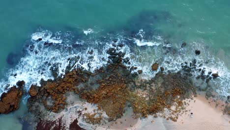 Beautiful-lowering-bird's-eye-view-of-ocean-waves-hitting-rocks-on-the-shore-of-a-tropical-Northern-Brazil-beach-named-Tabatinga-with-blue-water-and-golden-sand-near-Joao-Pessoa-on-a-warm-summer-day