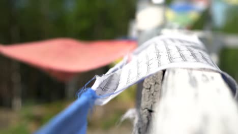 Buddhism-Tibetan-prayer-flags-being-blown-by-wind,-close-up-view,-base-camp-in-Himalaya