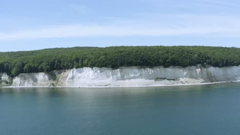 Drone-Aerial-Shot-of-the-chalk-cliffs-on-Ruegen-Rügen-in-Germany-in-beautiful-light-with-green-and-blue-seawater,-Europe