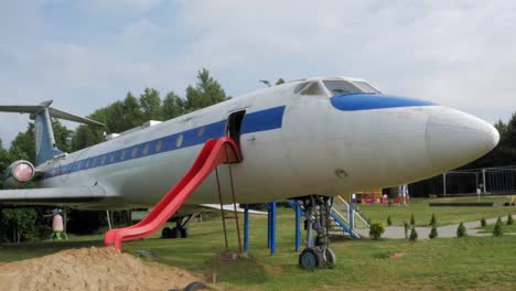 Life-Size-Model-Of-Tupolev-134A-On-A-Sunny-Day-In-Kashubian-Park-Of-Giants,-Strysza-Buda,-Poland