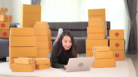 Asian-Female-With-Small-Business-Selling-Her-Products-in-Packs-Online-and-Taking-Orders-Online-While-Looking-at-Laptop