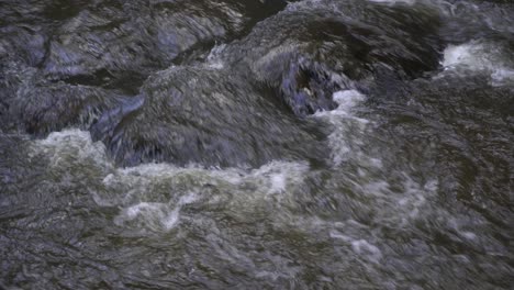 Close-up-of-murky-river-flowing-over-rocks-in-water