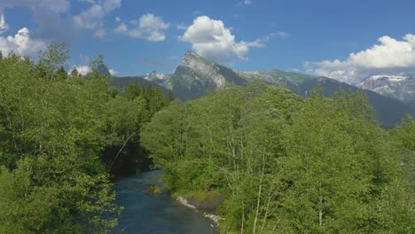 Aerial-view-above-the-Giffre-River-in-the-French-Alps,-flying-above-the-beautiful-vibrant-green-spring-trees-with-a-beautiful-mountain-view-of-the-Criou-in-the-background